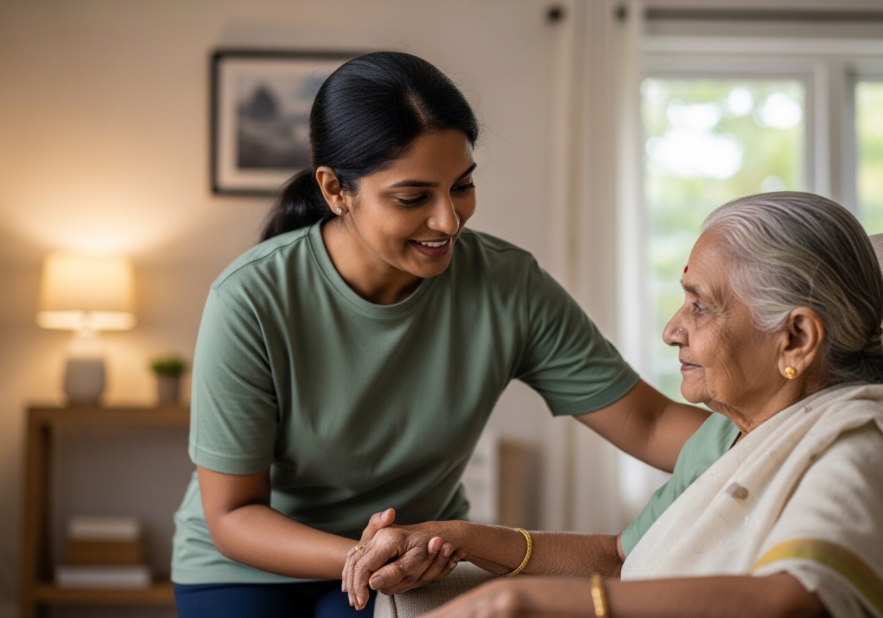 A CareMate gently connecting with an elderly woman at home