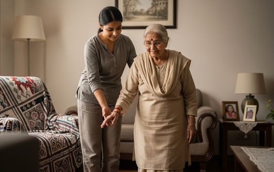 A CareMate helping an elderly woman walk safely at home