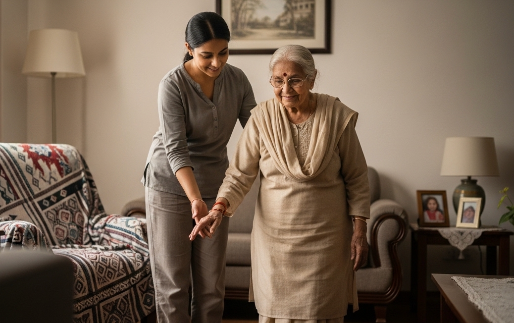 A CareMate helping an elderly woman walk safely at home