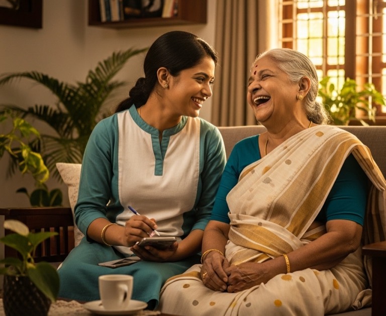A Zeraphos CareMate laughing with an elderly woman at home
