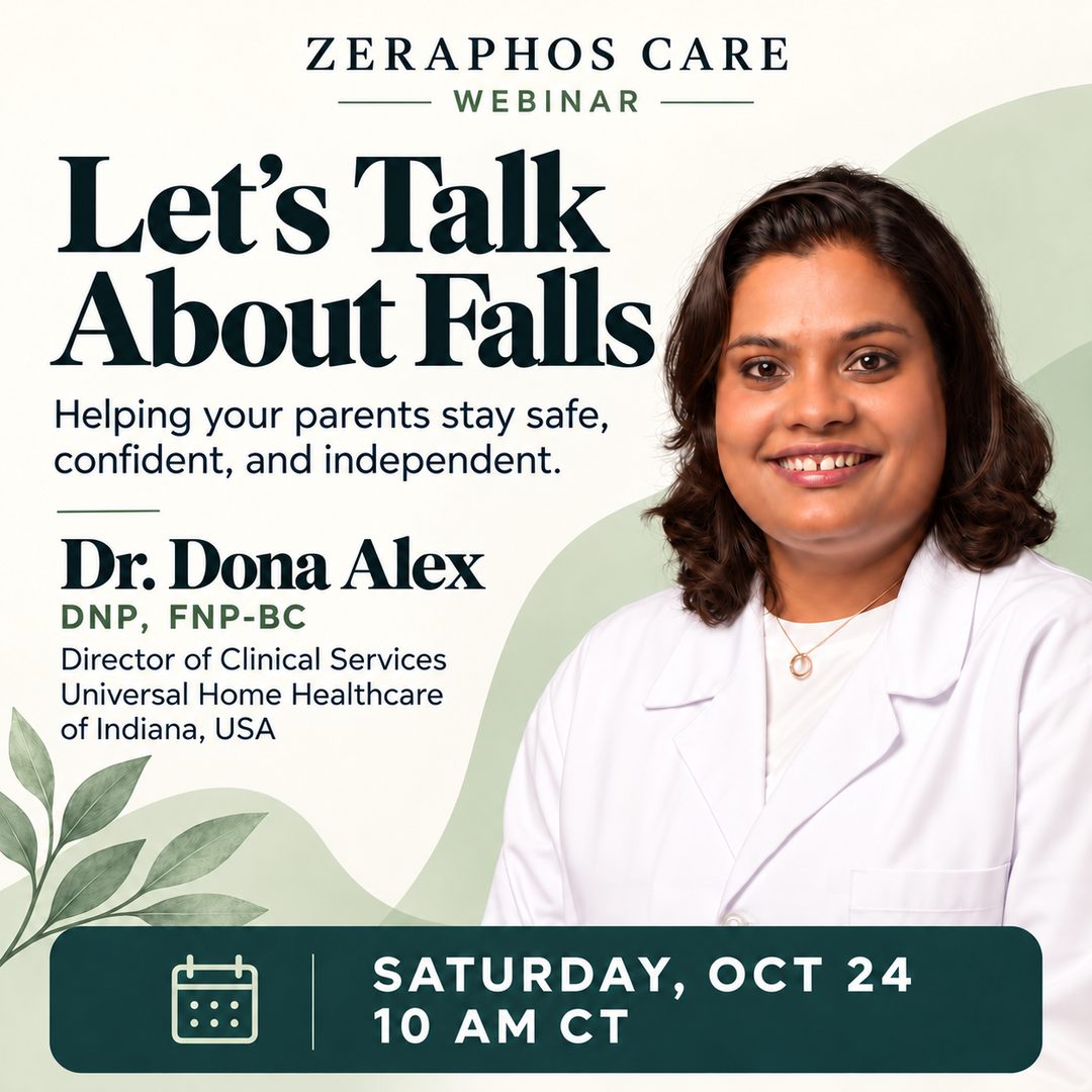 Webinar poster: Let's Talk About Falls with Dr. Dona Alex, DNP, FNP-BC, Saturday 24 October, 10 AM CT