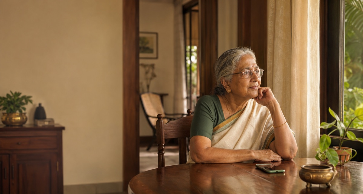 An elderly woman in a sari sitting alone at a table by a window in her home in Kerala, looking out
