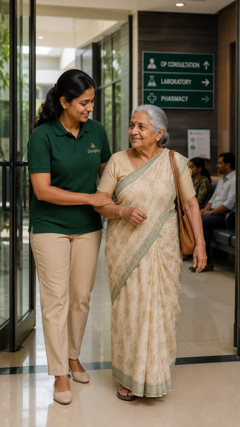 A Zeraphos CareMate walking an elderly woman into a hospital outpatient department