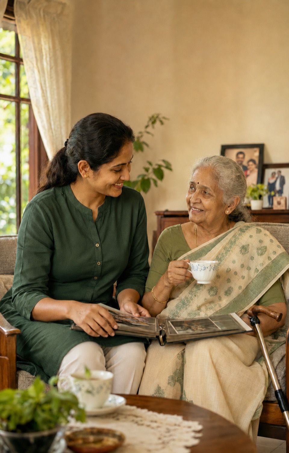 A Zeraphos CareMate and an elderly woman looking through a photo album together over tea