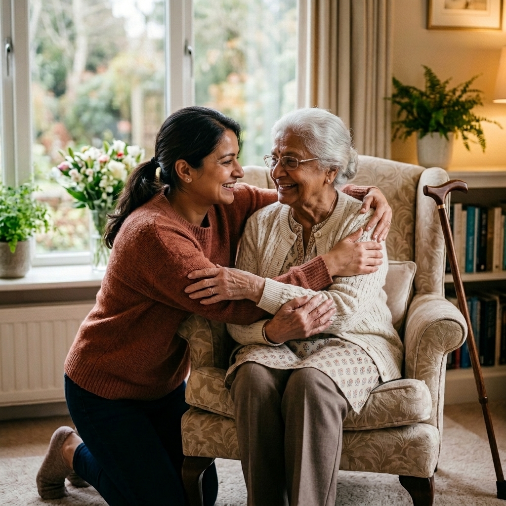 A daughter embracing her elderly mother at home