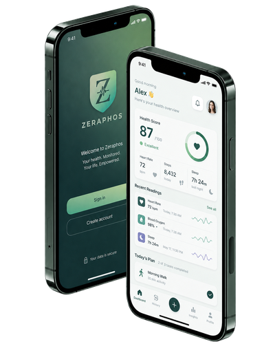 Zeraphos family app showing health dashboard and care updates